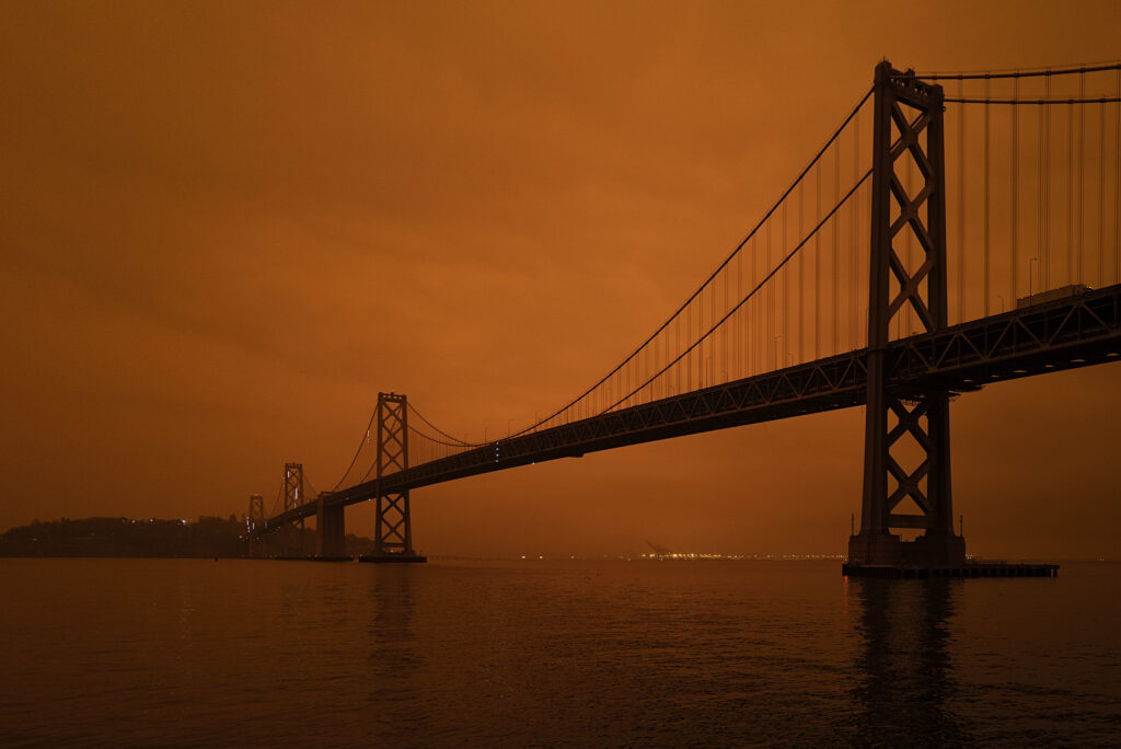 Smoke-filled skies over the Bay Bridge, San Francisco, CA