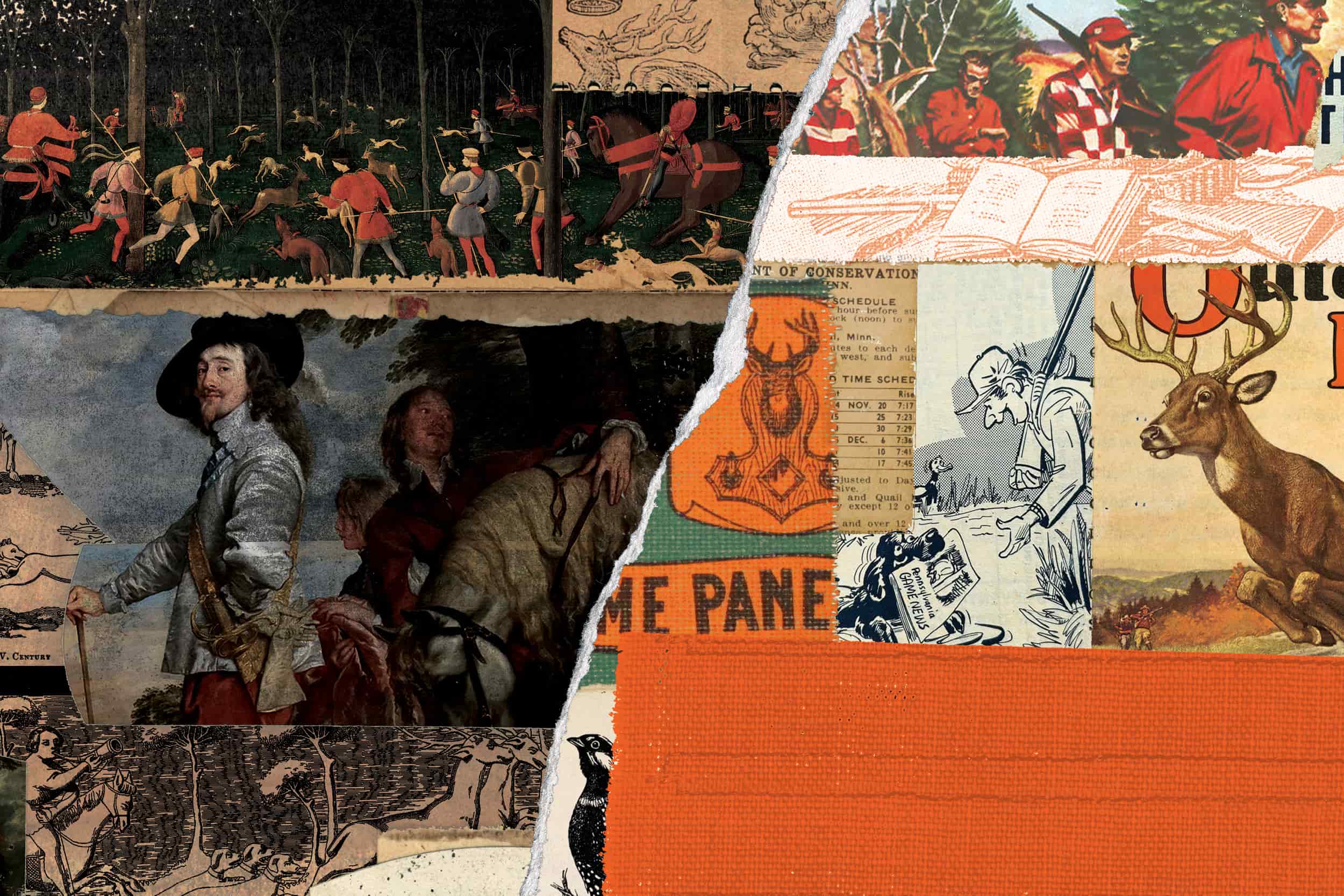 A collage of vintage hunting scenes and illustrations, featuring hunters, dogs, and deer. Includes colorful elements and torn paper edges, evoking nostalgia.
