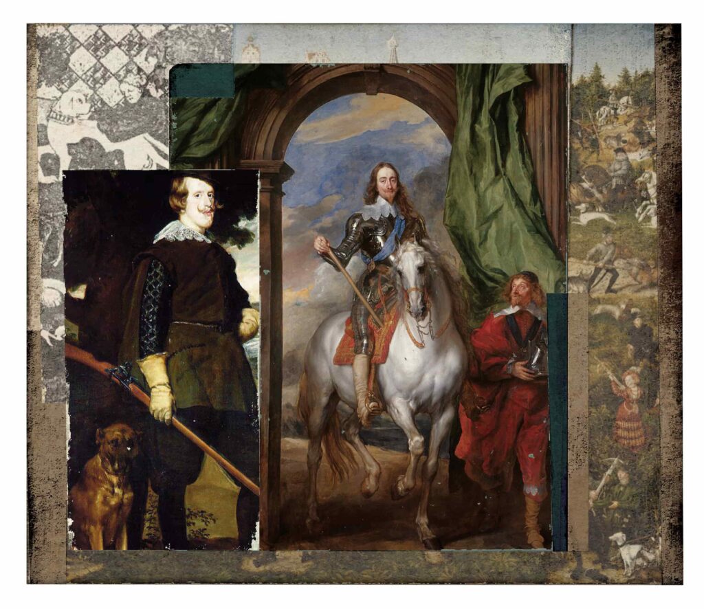 A collage of historical paintings featuring a nobleman with a dog, and a regal figure on a white horse in armor, amidst a battle scene.