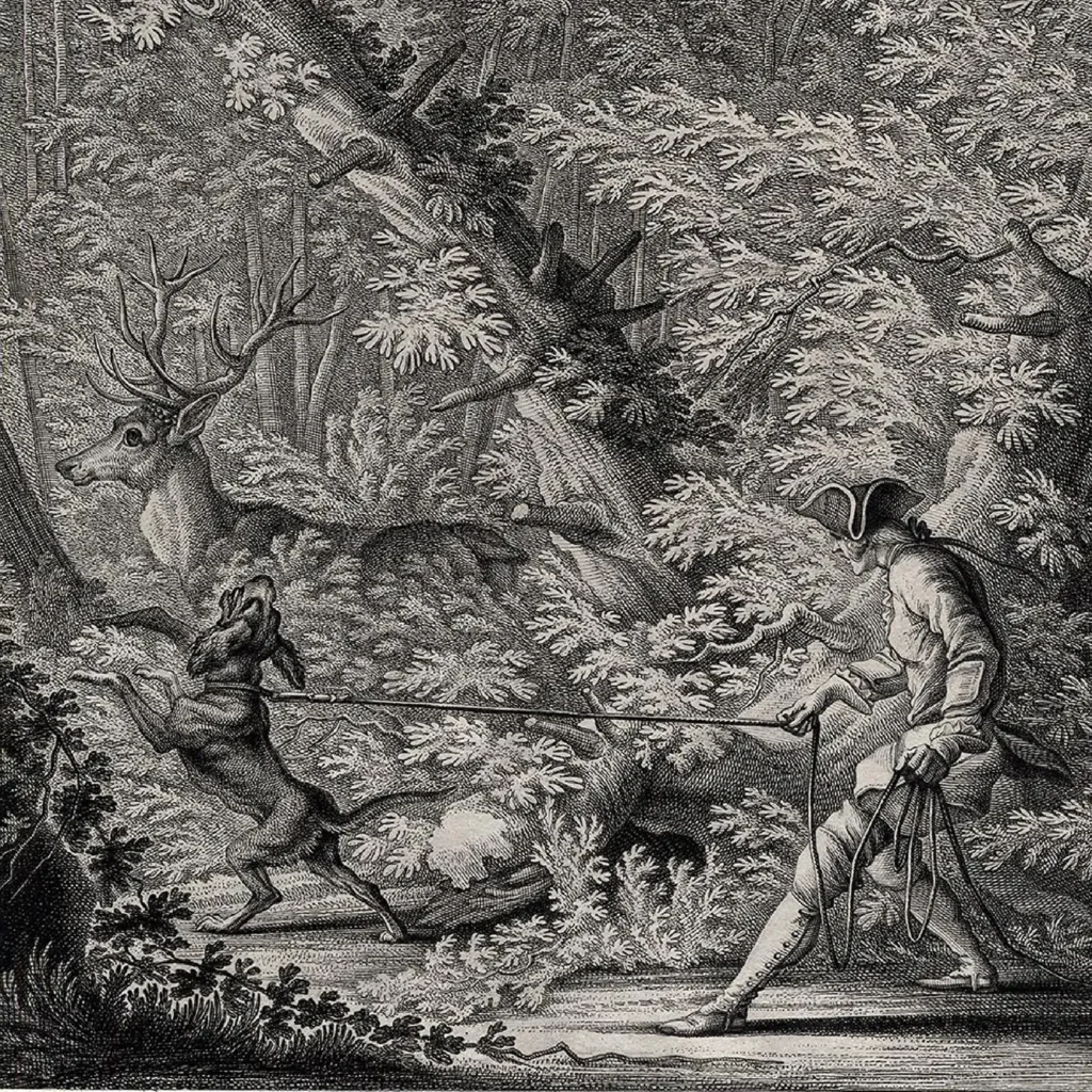 A monochrome etching shows a man in 18th-century attire with a tricorn hat pulling back a lunging dog in a dense forest. A stag stands alert nearby amidst foliage. The scene conveys tension and pursuit.