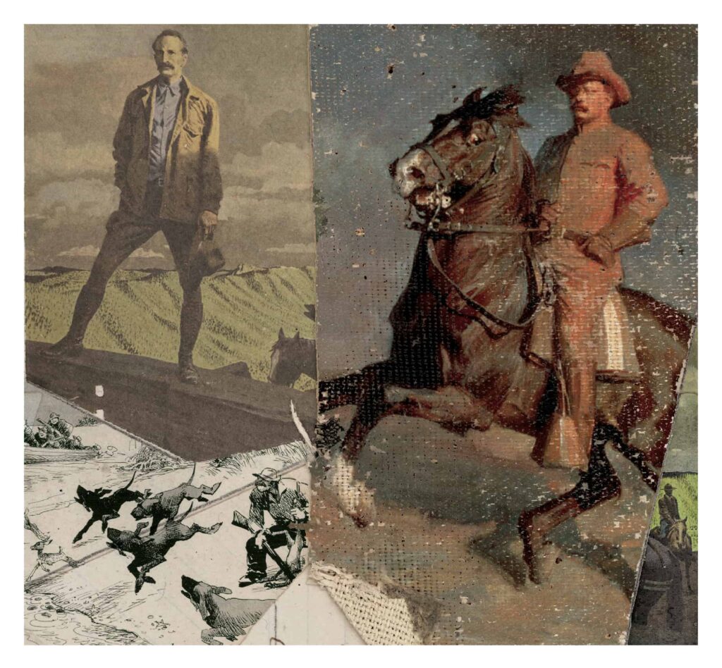 A collage featuring a man standing confidently on a hill, dressed in early 20th-century attire, next to a rider on a galloping horse. Below, sportsmen are sending their dogs out. The tones are sepia and slightly aged, evoking a historical and adventurous mood.