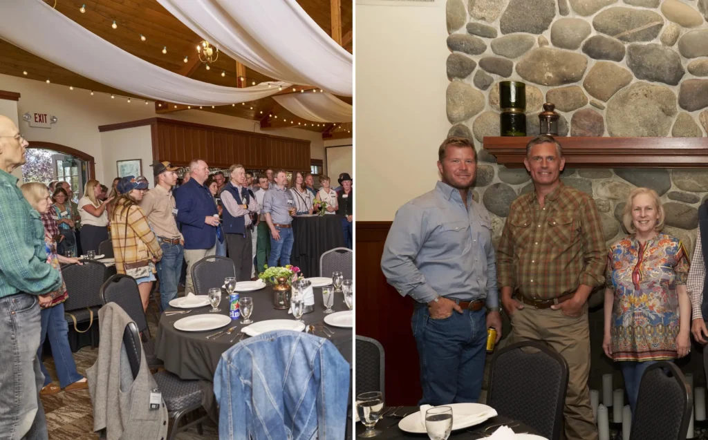 Attendees mingle around dining tables and pose by a stone fireplace during the community dinner reception for PERC's 2026 Senate CODEL tour of the Greater Yellowstone Ecosystem.