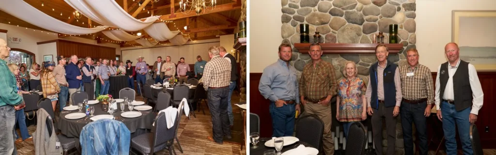 Attendees mingle around dining tables and pose by a stone fireplace during the community dinner reception for PERC's 2026 Senate CODEL tour of the Greater Yellowstone Ecosystem.