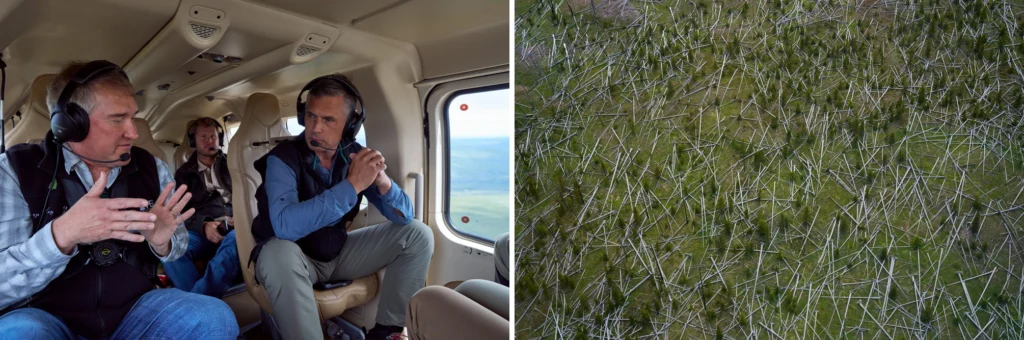 Split view of the Senate CODEL tour flying over the Greater Yellowstone Ecosystem: participants converse inside the helicopter cabin, alongside an aerial view of dead timber and new forest growth from a past wildfire.