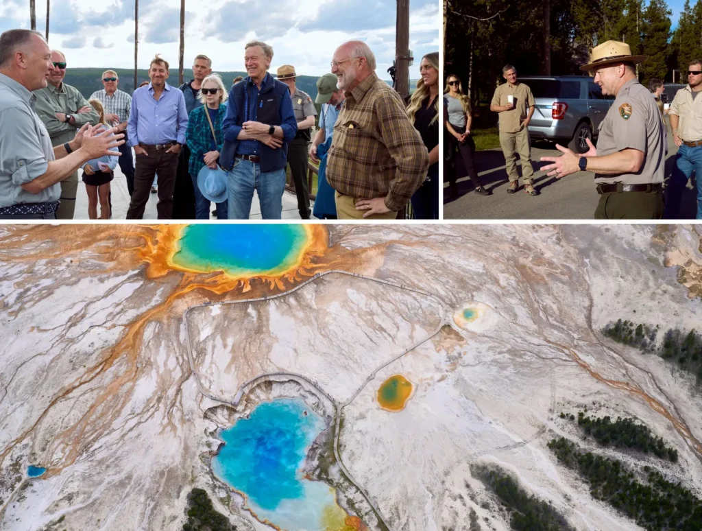 Senators and officials tour Yellowstone National Park during PERC's 2026 Senate CODEL trip, including conversations on a park overlook and with a park ranger, alongside an aerial view of the park's colorful thermal hot springs.